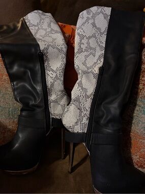 Black and White Snake-Print Stacked Heel Knee Boot